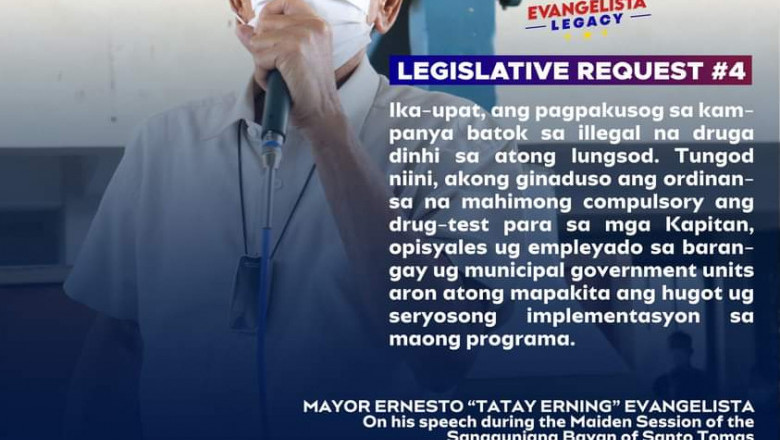 Mandatory drug test sa lahat ng opisyal at empleyado ng Santo Tomas LGU, isinusulong ni Evangelista