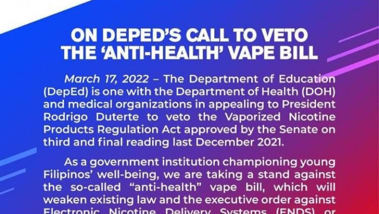 DepEd join calls to veto Vape bill