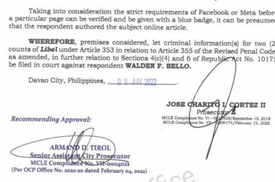 Bello indicted for 2 Libel charges vs former Davao CIO