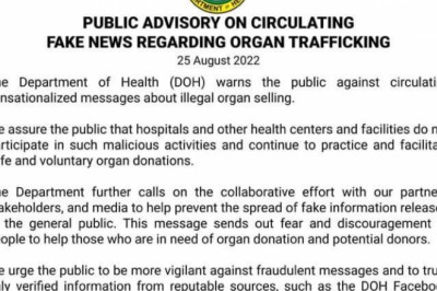 DOH, nagbabala sa publiko sa  maling impormasyon ukol  sa organ trafficking