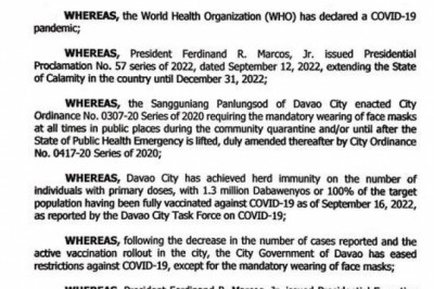 Davao City mayor signs EO No. 43 authorizing optional wearing of face masks outdoors