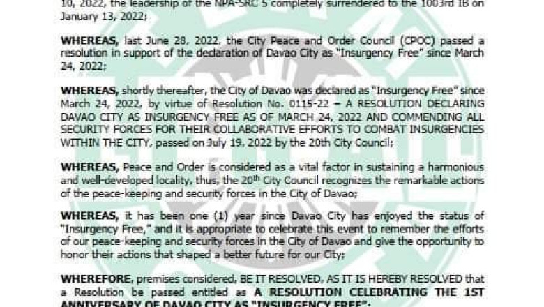 SP resolution celebrating Davao City as insurgency-free lauded