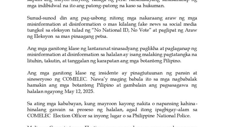 Comelec nagbabala 𝐬𝐚 𝐦𝐠𝐚 𝐊𝐚𝐡𝐢𝐧𝐚-𝐡𝐢𝐧𝐚𝐥𝐚𝐧𝐠 𝐆𝐚𝐰𝐚𝐢𝐧 𝐍𝐠𝐚𝐲𝐨𝐧𝐠 𝐍𝐚𝐥𝐚𝐥𝐚𝐩𝐢𝐭 𝐧𝐚 May 12 elections