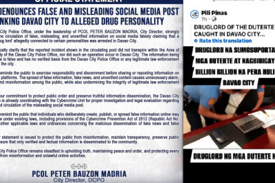 Davao City Police condemns false, misleading  socmed post linking Davao City  to alleged   drug personality