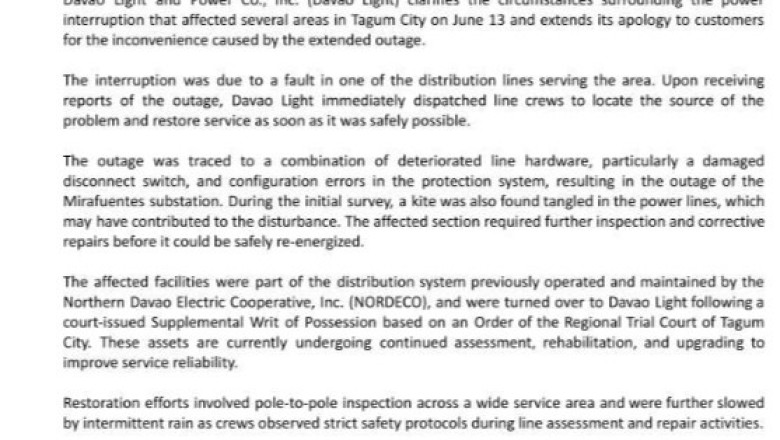 Davao Light Clarifies June 13 Power Interruption in Tagum City