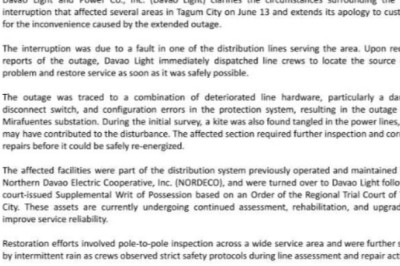 Davao Light Clarifies June 13 Power Interruption in Tagum City