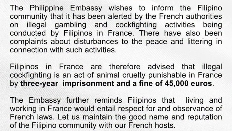 Philippine Embassy warns Filipinos in France against illegal cockfighting